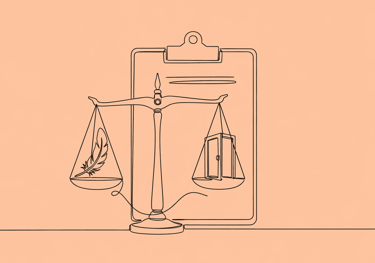 Master BCBA Risk-Benefit Analysis Documentation Minimalist line art of a balanced scale holding a feather and an open door, placed in front of a clipboard, visually representing BCBA risk-benefit analysis documentation and ethical decision-making for behavior interventions.