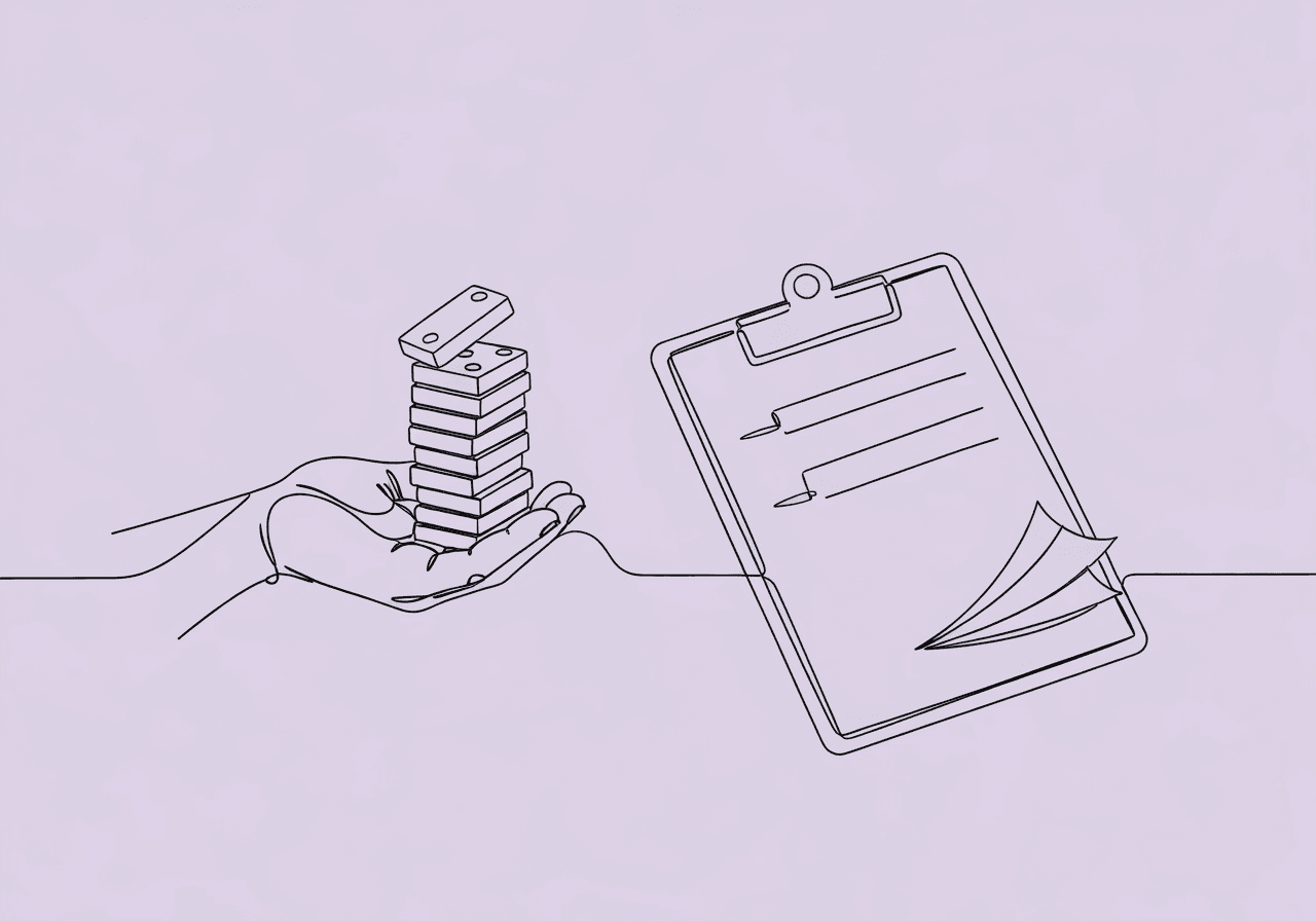 BCBA Service Reduction Documentation: BACB Compliance Guide Line art of a hand carefully adjusting a domino on a stack beside a clipboard, visually representing BCBA service reduction documentation through balance, ethical decision-making, and thorough records.
