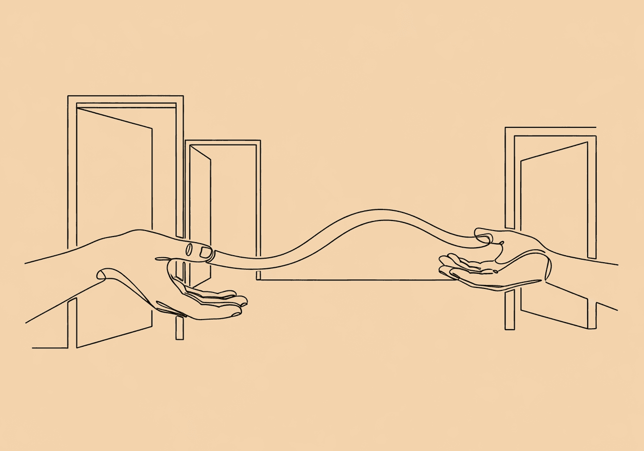 BCBA Client Service Refusal Documentation Essentials Minimalist line art featuring two hands—one offering and one letting go—connected by a flowing ribbon, symbolizing BCBA client service refusal documentation and respectful service transition, on a pastel sand background.