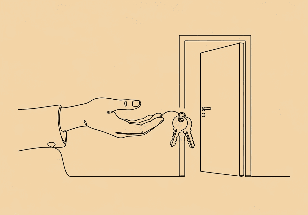 Guide to BCBA Service Termination Documentation Minimalist line art shows an outstretched hand offering keys toward an open door, visually representing BCBA service termination documentation and the careful, ethical transfer of care to a new provider.
