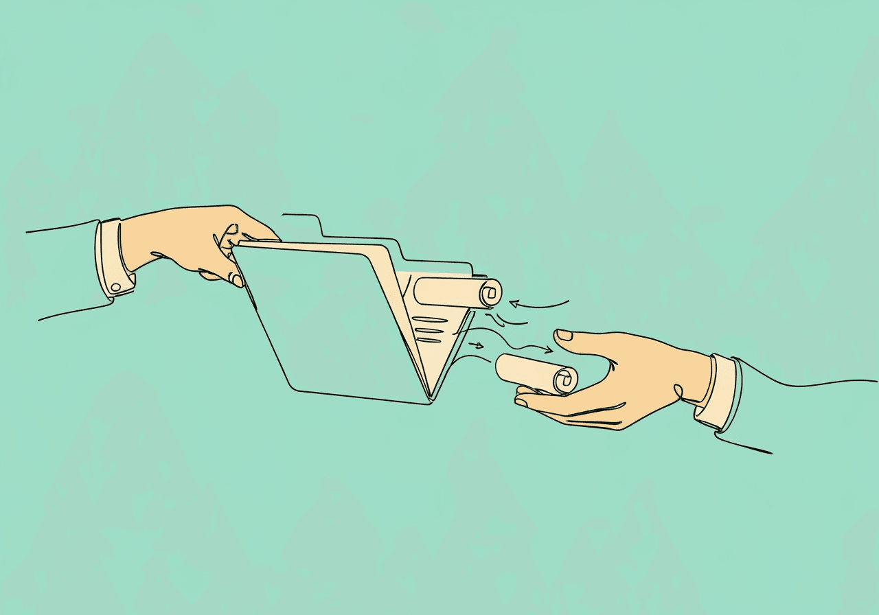 Essential Guide to BCBA Service Transition Documentation Minimalist line art of two hands exchanging a folder with visible documents, representing BCBA service transition documentation, ethical client handover, and compliant record transfer in behavioral healthcare.