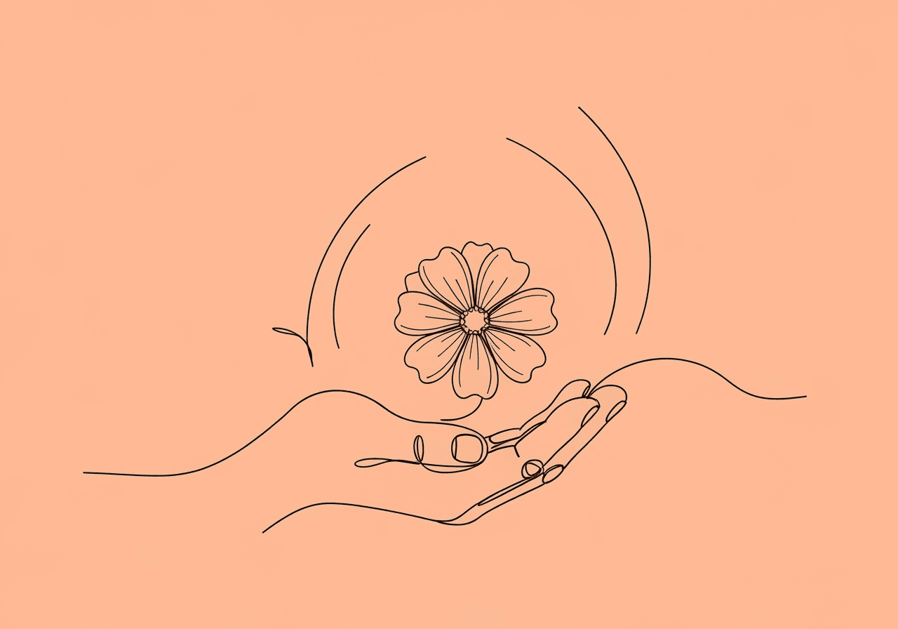 BCBA Social Validity Documentation: Ethical Best Practices Minimalist line art of an open hand gently holding a blooming flower, symbolizing BCBA social validity documentation through care, transparency, and client satisfaction, visually linking ethical practice and positive client outcomes in ABA.