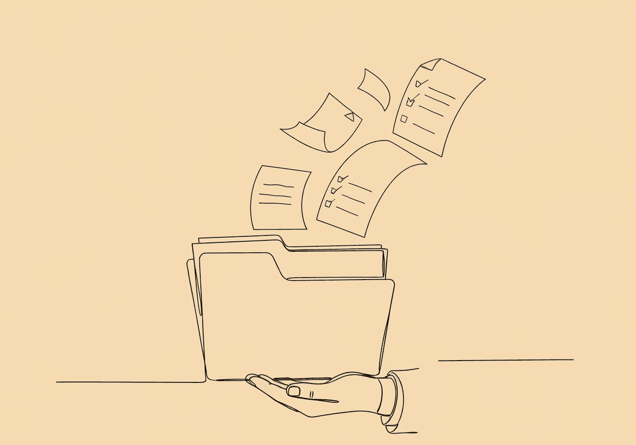 BCBA Staff File Audit Checklist: Compliance Guide Minimalist line art of a file folder with floating documents symbolizes the BCBA staff file audit checklist. An open hand supports the folder, visually representing comprehensive organization and regulatory compliance for behavioral staff records.