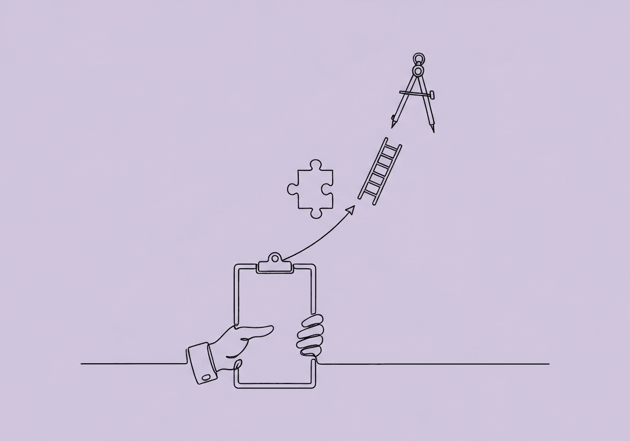 BCBA Standardized Outcomes Documentation: 2025 Guide Minimalist line art illustration of a BCBA standardized outcomes documentation concept—an open hand holding a clipboard, from which a puzzle piece, ladder, and compass emerge. This visual metaphor highlights the process and rationale for standardized outcome measure compliance.