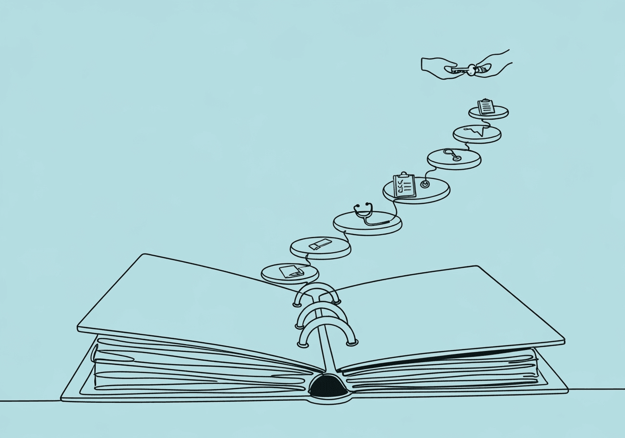 BCBA Standards of Practice: Build Audit-Proof SOPs Minimalist line art of a clinical binder with a winding path of healthcare tools and hands transferring a key, illustrating BCBA Standards of Practice for clinic manuals and compliance.