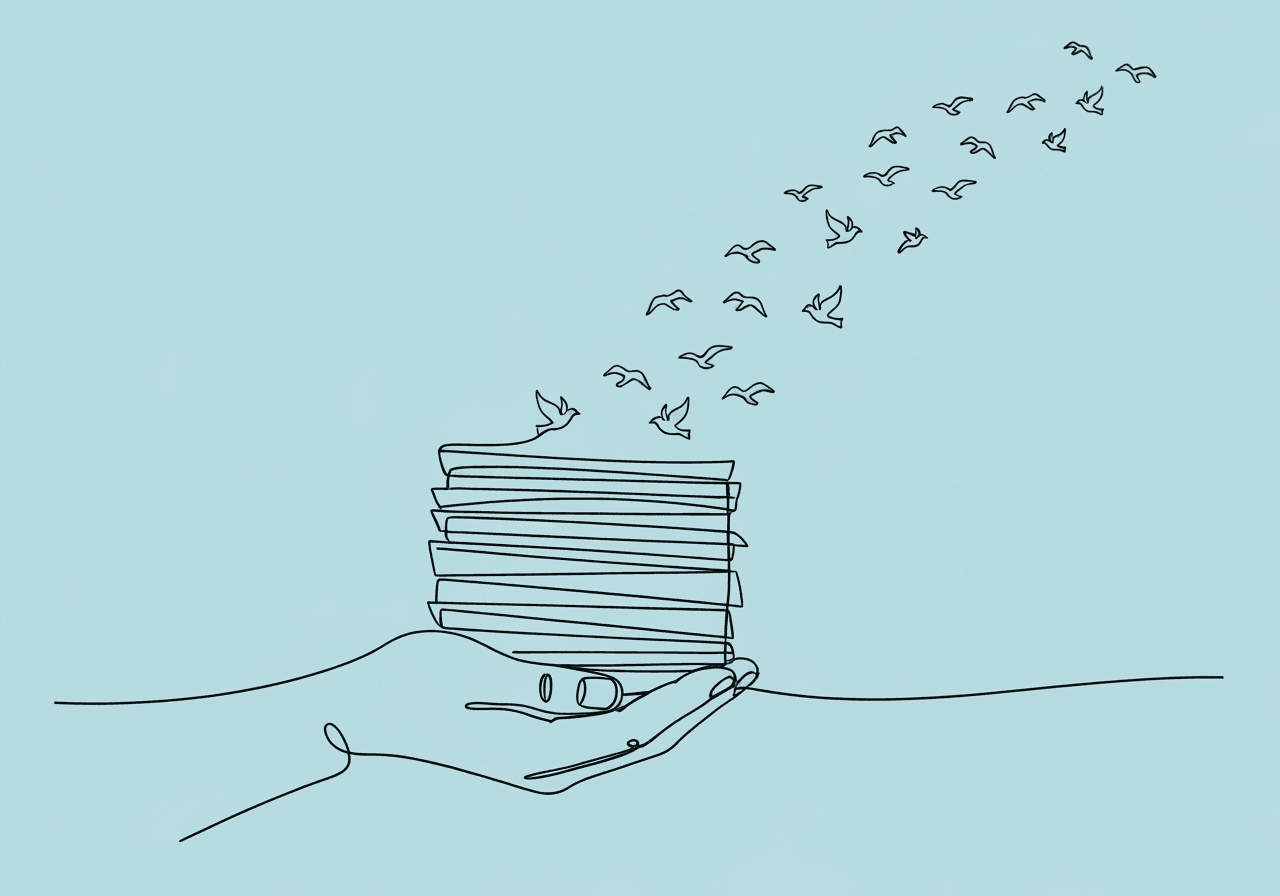 Reduce RBT Documentation Burnout: 10 BCBA Strategies Minimalist line art of a hand releasing a stack of papers that transforms into birds soaring upward, visually representing strategies to reduce RBT documentation burnout through BCBA-led support and relief.