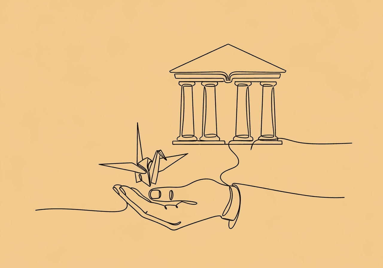 BCBA Subpoena Documentation Guide: Legal Essentials Minimalist line art for BCBA subpoena documentation guide showing hands gently holding an origami crane, which morphs into a courthouse and open folder, symbolizing careful legal and ethical documentation response.