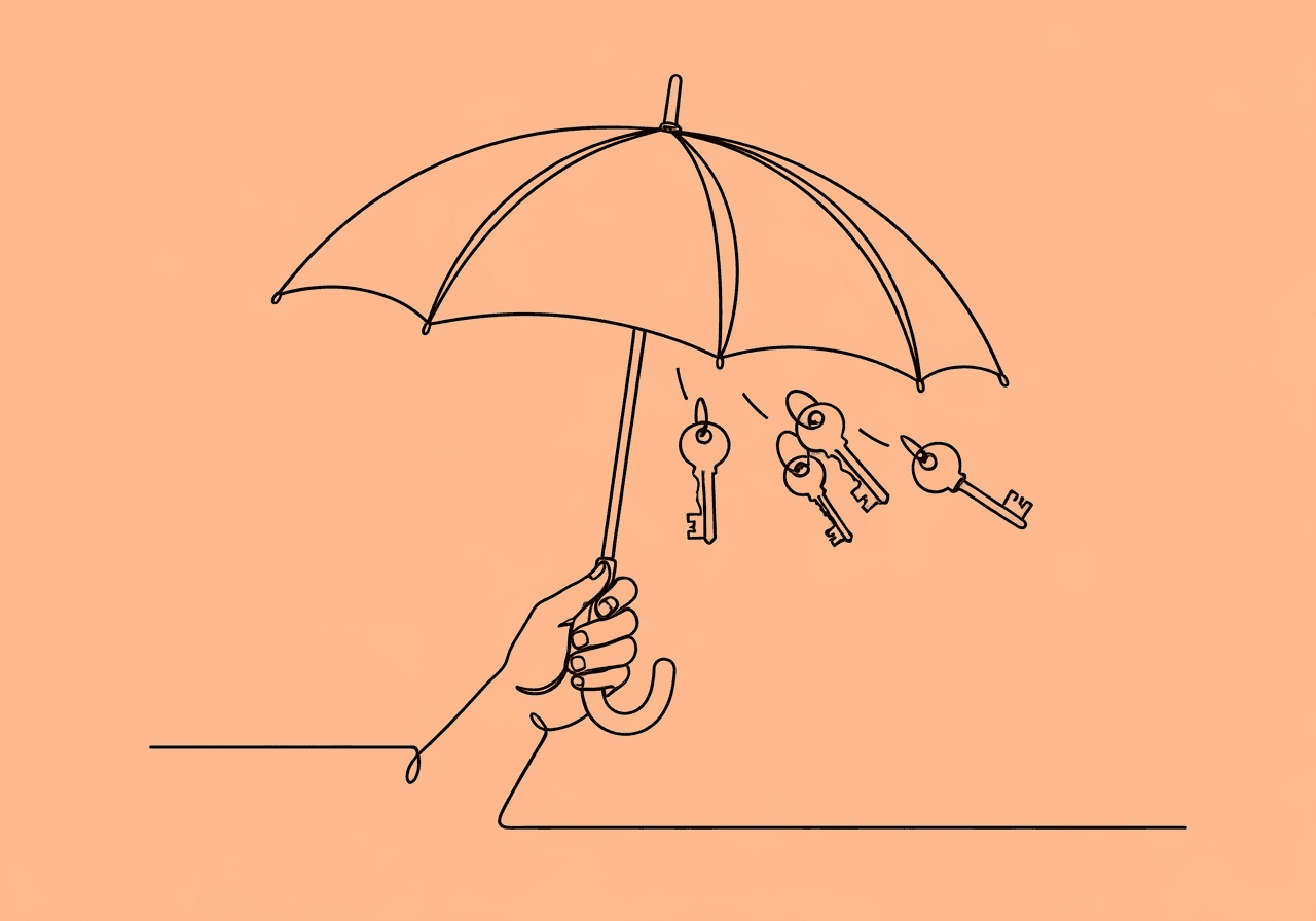 Essential BCBA Supervision Contract Requirements Minimalist line art of a hand holding an umbrella with unique keys hanging from its ribs, visually illustrating BCBA supervision contract requirements, symbolizing structured protection and authorized access to compliance.
