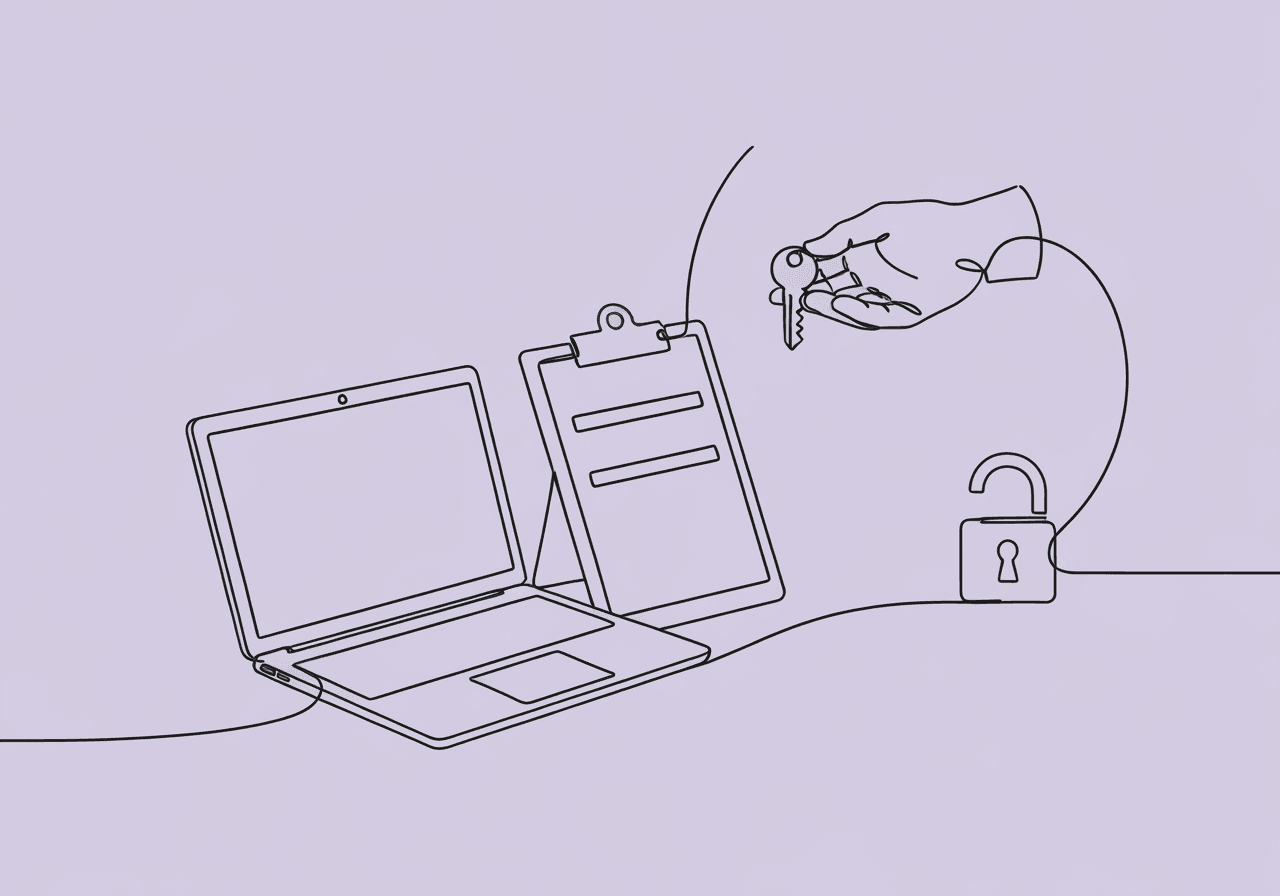 Master BCBA Digital Supervision Docs in Telehealth Minimalist line art of a laptop, clipboard, hand offering a key, and a lock—metaphorically illustrating secure, ethical BCBA digital supervision documentation within telehealth environments, supporting HIPAA compliance and professional boundaries.