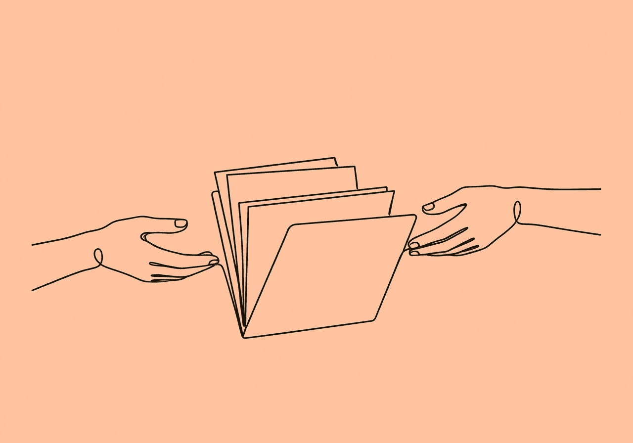 BCBA Transition Documentation: 5 Key Files for Compliance Minimalist line art showing two hands passing clinical documents in an open folder, illustrating BCBA transition documentation and the seamless transfer of care as discussed in the blog post.