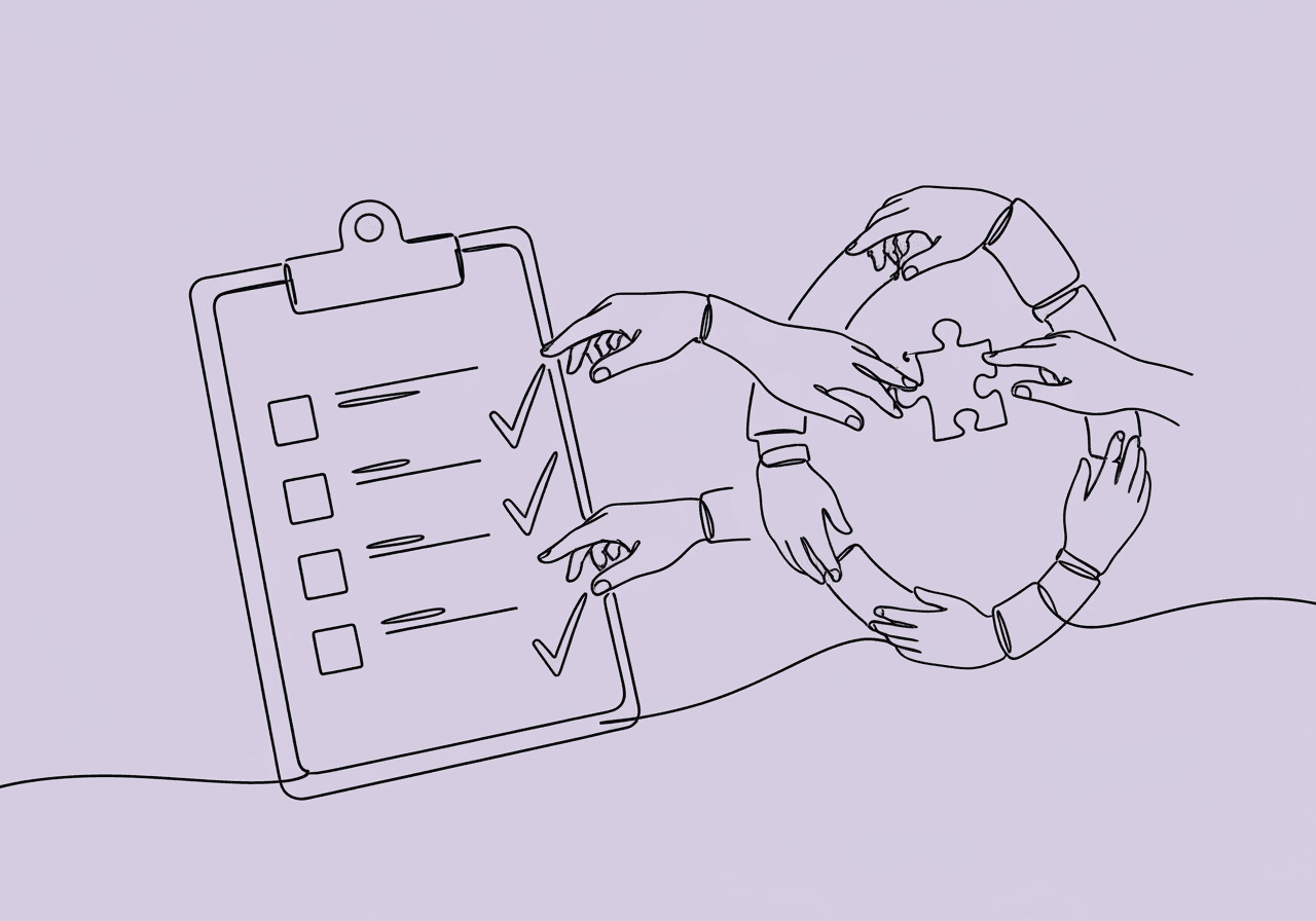 BCBA Treatment Integrity Documentation: 5 Key Steps Minimalist line art of a clipboard with checklists, guiding hands, and linked hands, illustrating BCBA treatment integrity documentation as a process of stepwise accountability and effective supervision.