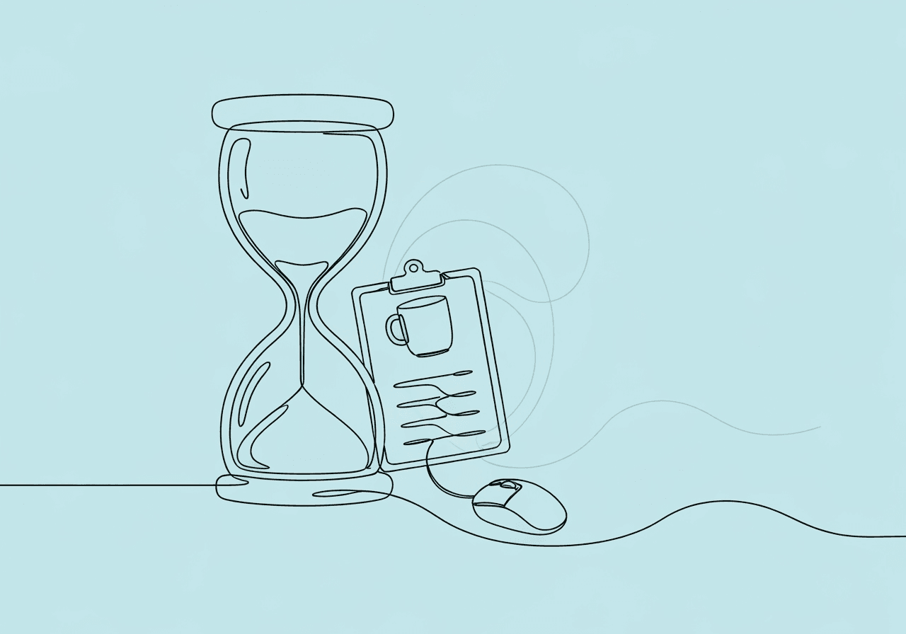 BCBA Unrestricted Hours Management: 8 Essential Tips Minimalist line art illustration for BCBA unrestricted hours management, depicting an hourglass with time flowing into organized daily tools, conveying effective time strategies for behavior analysts.