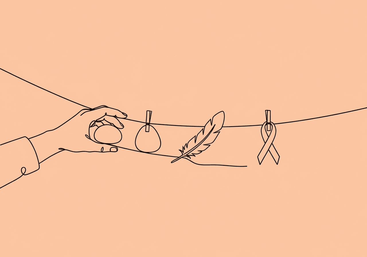 BCBA Visual Analysis of Data: Exam Prep Essentials Minimalist line art for BCBA visual analysis of data showing a hand balancing a stone, feather, and ribbon on a line, symbolizing interpretation of level, trend, and variability in clinical data for exam prep.