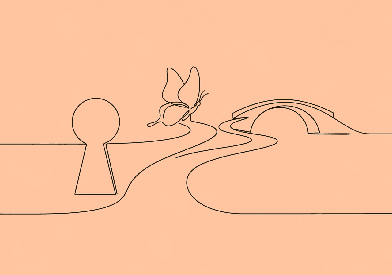 Behavioral Cusp vs Pivotal Behavior: BCBA Guide Minimalist line art illustration for 'Behavioral Cusp vs Pivotal Behavior' shows a keyhole splitting into a butterfly and a bridge, visually depicting the different impacts of behavior changes relevant to the BCBA exam.