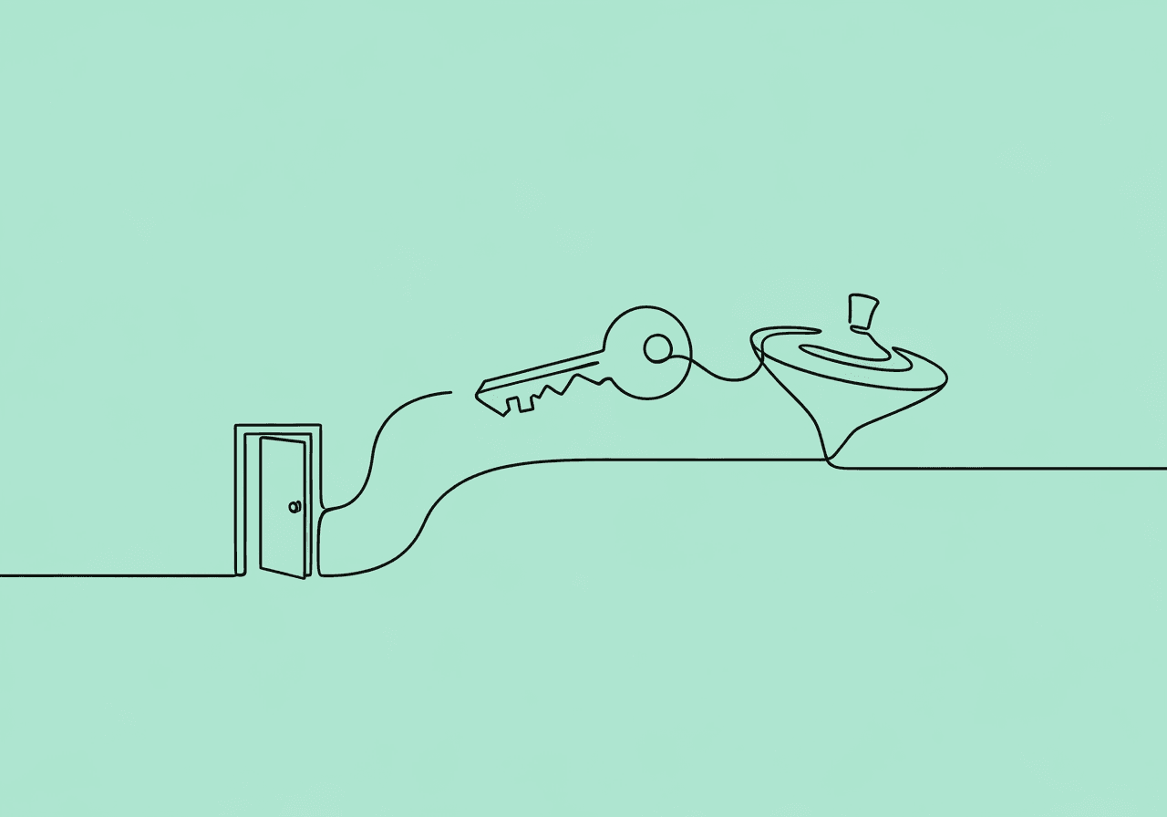 Behavioral Cusps vs Pivotal Behaviors: BCBA Exam Prep Minimalist line art on pastel mint shows a door, a key, and a spinning top connected in a single stroke, illustrating Behavioral Cusps vs Pivotal Behaviors BCBA by visually comparing access to new opportunities and broad behavioral impact.