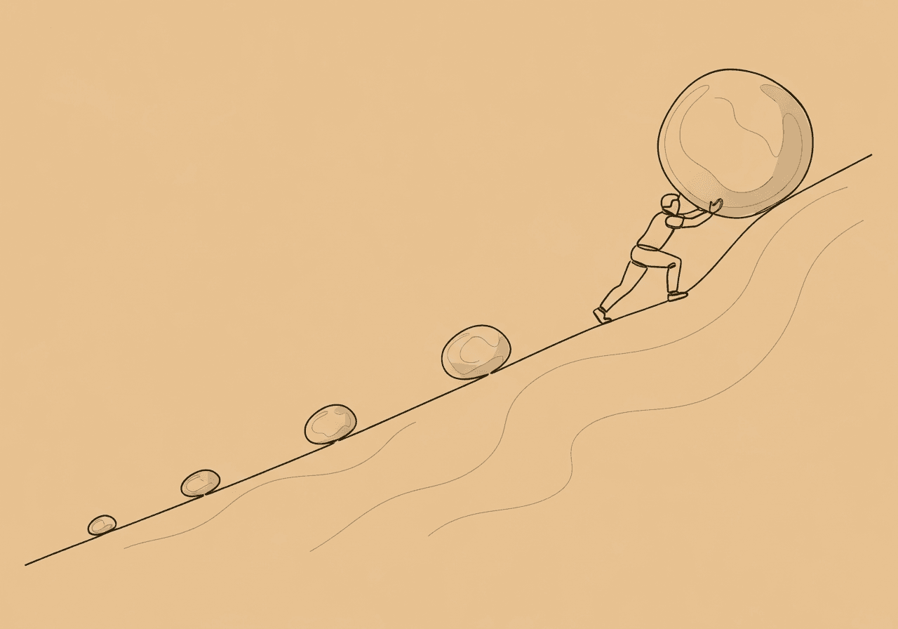 Behavioral Momentum HPIS: Key Concepts & Applications Minimalist line art illustration for Behavioral Momentum HPIS: a person pushes a large boulder uphill past smaller stones, visually representing the concept of building behavioral compliance and resistance to change.