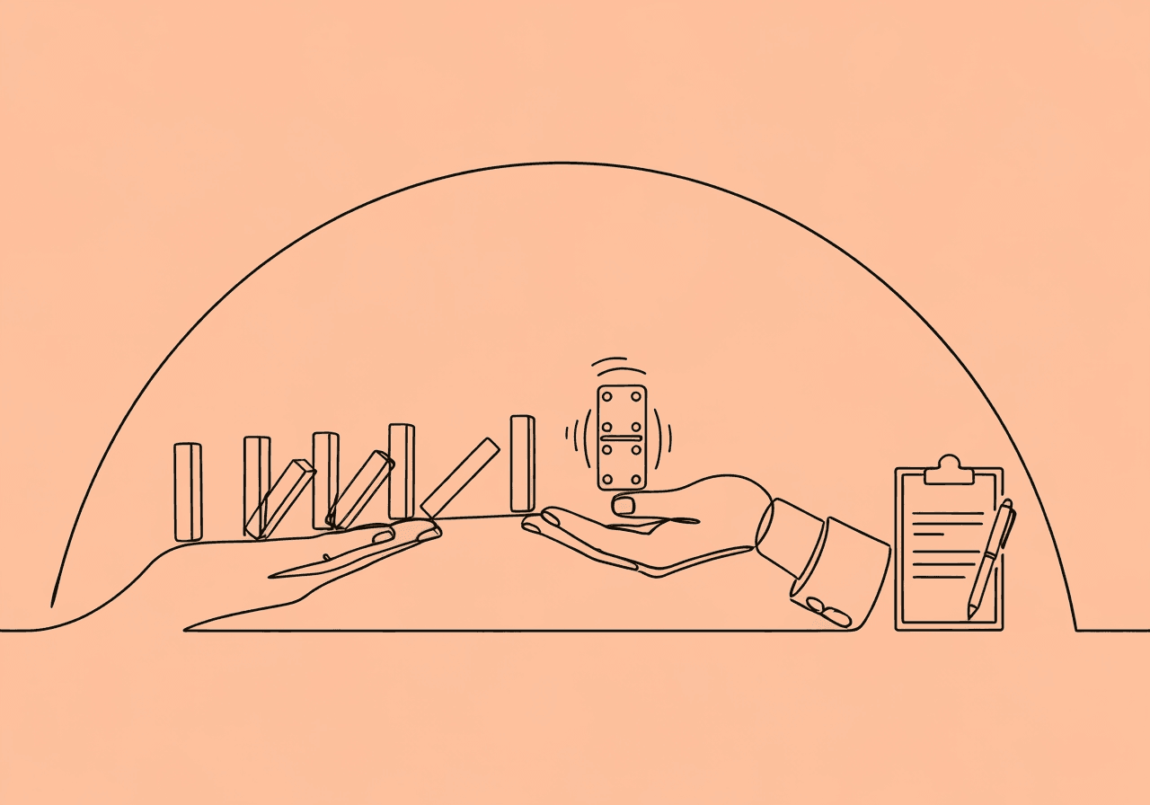 Behavioral Momentum Documentation for RBTs: Beginner's Guide Minimalist line art shows a hand halting falling dominoes near a clipboard and pen, representing Behavioral Momentum documentation RBT work: guiding and recording positive momentum in therapy sessions.