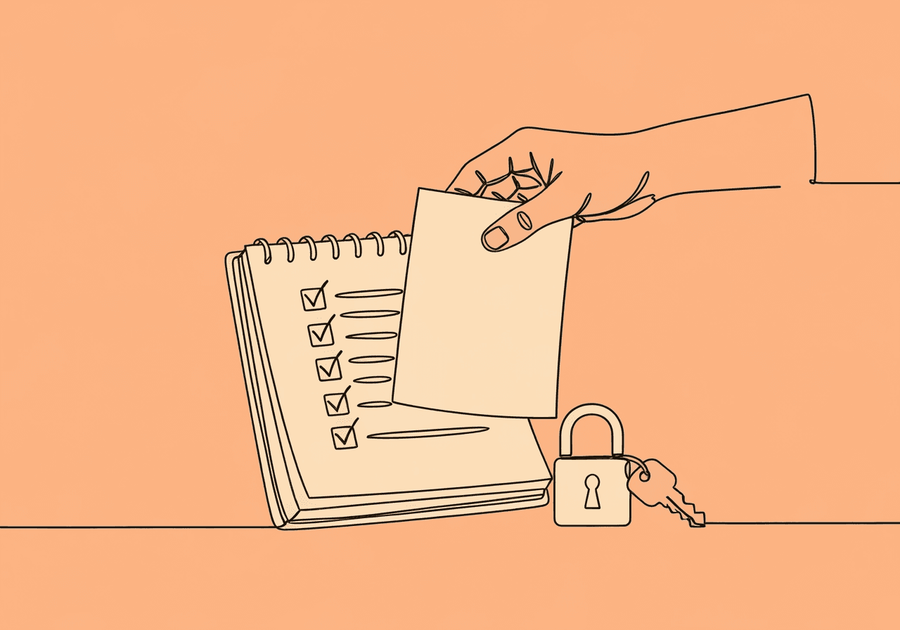 Essential BIP Revision Documentation Checklist for BCBAs Minimalist line art of a checklist notepad being turned to a new page, accompanied by a lock and key, illustrating the BIP revision documentation checklist process through visual metaphor.