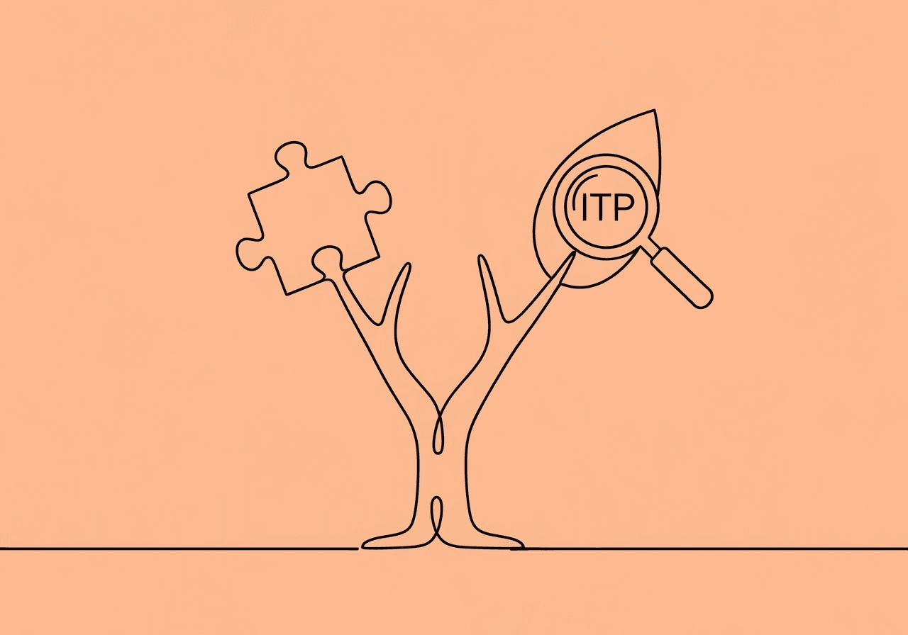 BIP vs ITP Documentation: Guide for BCBAs Minimalist line art shows a single tree splitting into two branches, one ending in a puzzle piece leaf and the other a magnifying glass, symbolizing BIP vs ITP documentation for BCBAs and their distinct roles in behavioral therapy plans.