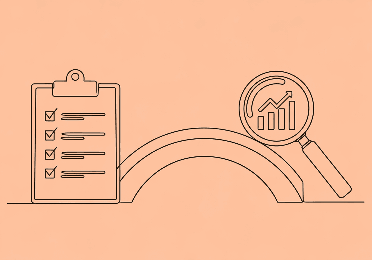 Changing ABA Measurement Procedures: Documentation Guide Minimalist line art showing a clipboard transforming into a bridge leading to a magnifying glass with data lines, symbolizing ABA data collection change documentation and the process of justifying and tracking mid-treatment measurement adjustments.