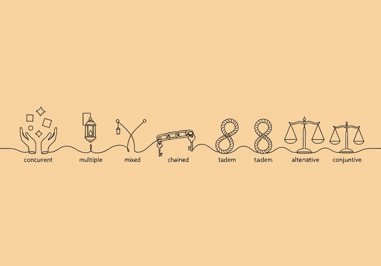 Compound Schedules of Reinforcement: BCBA Exam Guide Minimalist line art showing interconnected objects along a flowing path, symbolizing the seven compound schedules of reinforcement. Ideal for illustrating complex behavioral contingencies in BCBA clinical contexts with simple visual clarity.