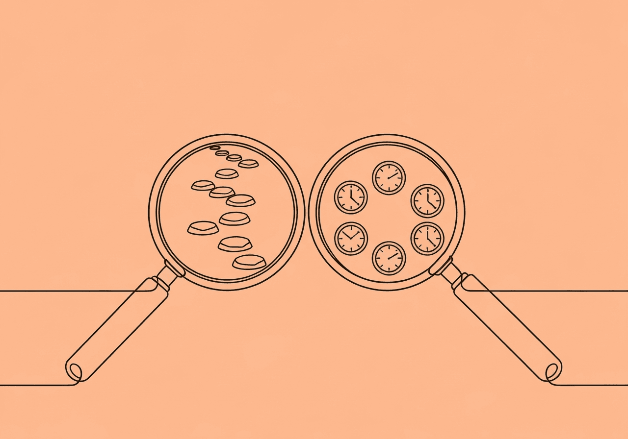 Conditional Probability vs Scatterplot: FBA Guide Minimalist line art illustration showing two intersecting magnifying glasses—one highlighting a winding path of stepping stones for conditional probability, the other displaying clocks in an arc for scatterplot analysis—visually comparing approaches in FBA data methods.
