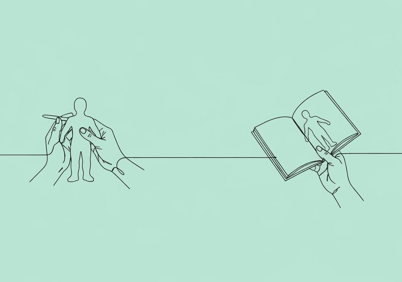 Contingency-Shaped vs Rule-Governed Behavior in ABA Minimalist line art shows one hand shaping clay and another hand referencing a guidebook, visually illustrating the difference between contingency-shaped versus rule-governed behavior ABA approaches for clinical documentation.