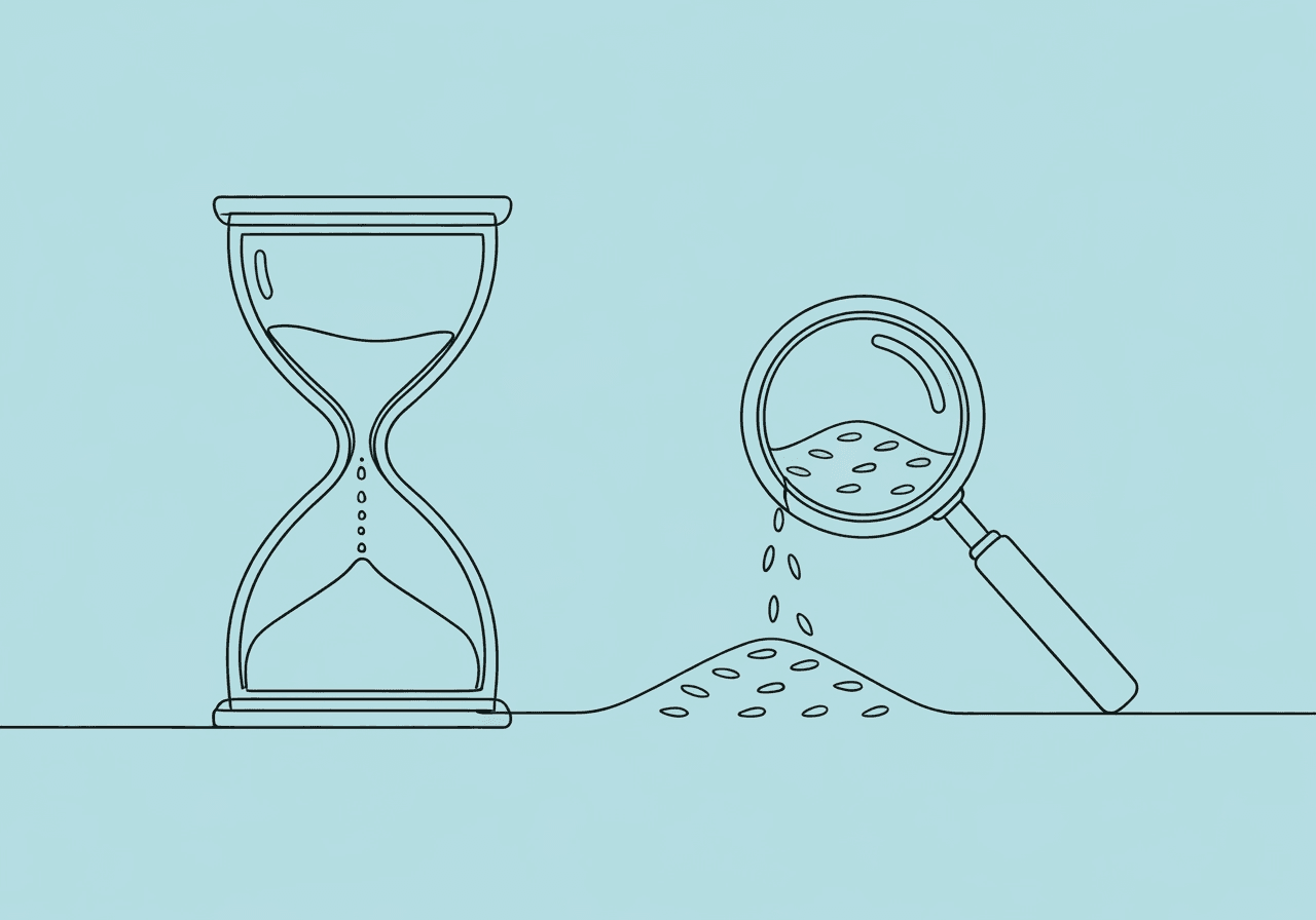Continuous vs Discontinuous ABA Data: Key Differences Minimalist line art showing an hourglass transforming into a magnifying glass, symbolizing continuous vs discontinuous ABA data accuracy in documentation for behavioral analysis. Highlights the transition from general sampling to precise measurement.
