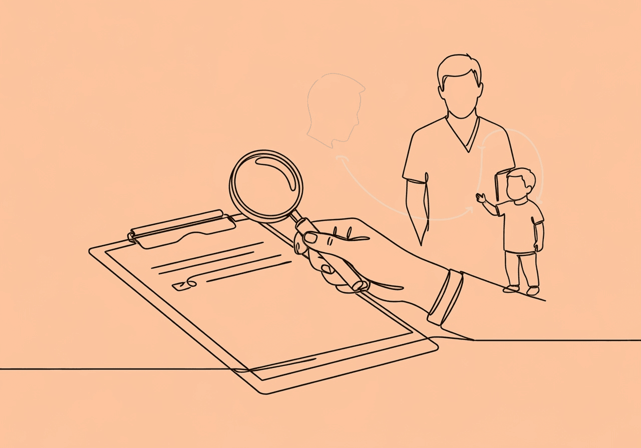 Essential CPT 97151 Documentation Guide for BCBAs Minimalist line art featuring a clipboard, magnifying glass, and outlines of a BCBA with a child, representing CPT 97151 documentation BCBA essentials for behavioral assessment in an organized clinical setting.