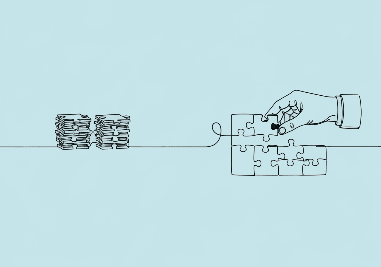 CPT 97151 Documentation & Billing: FAQs for BCBAs Minimalist line art of a hand placing the final piece in a puzzle, with spare pieces nearby, visually symbolizing CPT 97151 documentation and the careful assembly of assessment components as detailed in the blog.