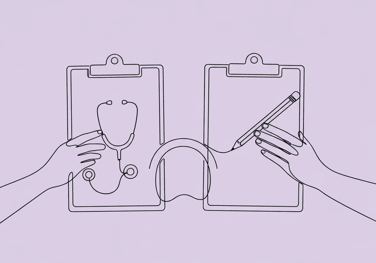 CPT 97151 vs 97152: ABA Billing Guide for BCBAs Minimalist line art of two distinct hands holding separate clipboards, representing the documentation differences between CPT 97151 vs 97152 in ABA assessment procedures for BCBAs.