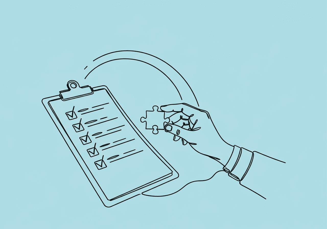 CPT 97152 Documentation Guide for BCBAs Minimalist line art illustration for CPT 97152 documentation BCBA features a continuous line drawing of a checklist clipboard merging into a guiding hand fitting a puzzle piece, symbolizing supervisory oversight and assessment documentation.