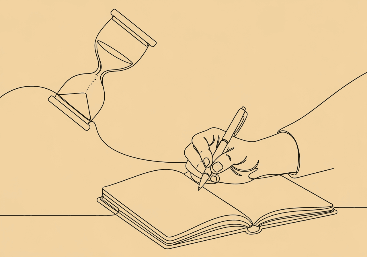 CPT 97153 & 97155 Concurrent Documentation Guide Minimalist line art of a hand writing in an open notebook beside a flowing hourglass, illustrating CPT 97153 and 97155 concurrent documentation, symbolizing careful real-time protocol updates and compliance for behavioral health billing.