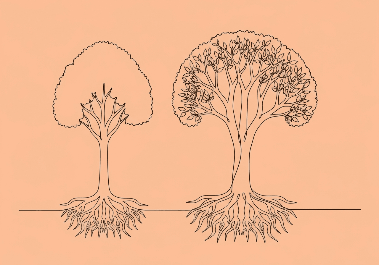 CPT 97153 vs 97154: Documentation Guide for BCBAs Minimalist line art illustration on a pastel peach background showing a tree with one solitary trunk and one trunk splitting into multiple stems. This visual metaphor highlights the difference between CPT 97153 vs 97154 individual and group ABA therapy documentation.