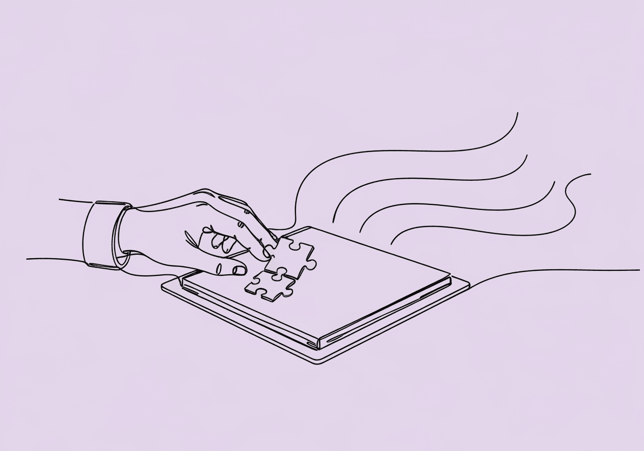 BCBA Protocol Modification Documentation: CPT 97155 Guide Minimalist line art showing a hand placing a puzzle piece onto an open clipboard, visually representing BCBA protocol modification documentation as thoughtful, structured adaptation and implementation.