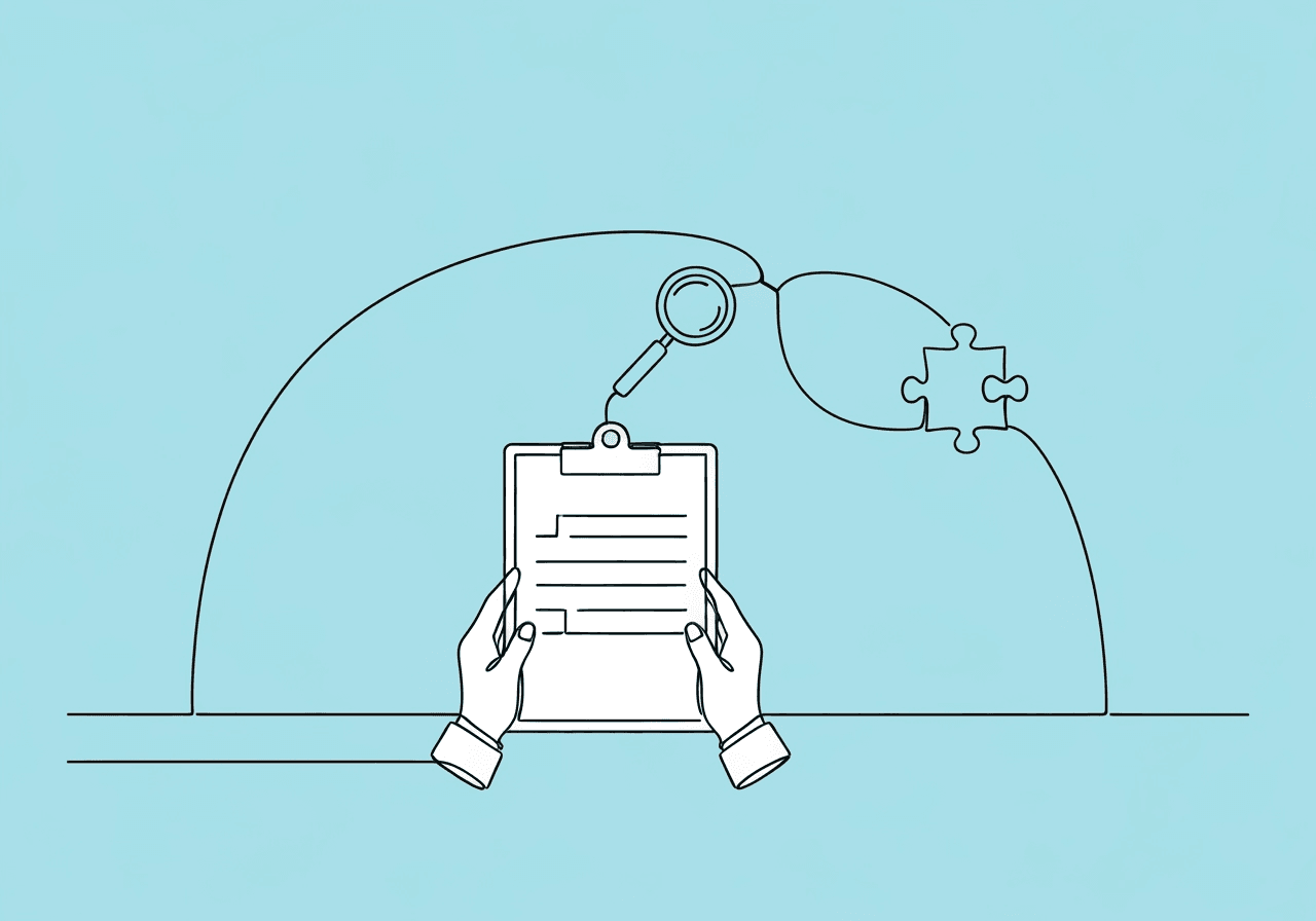 CPT 97155 Documentation Guide for BCBAs: Audit Compliance Minimalist line art illustration on pastel blue shows open hands holding a clipboard, symbolizing CPT 97155 documentation BCBA, with a branching line leading to a magnifying glass and puzzle piece, representing careful supervision and protocol adaptation.