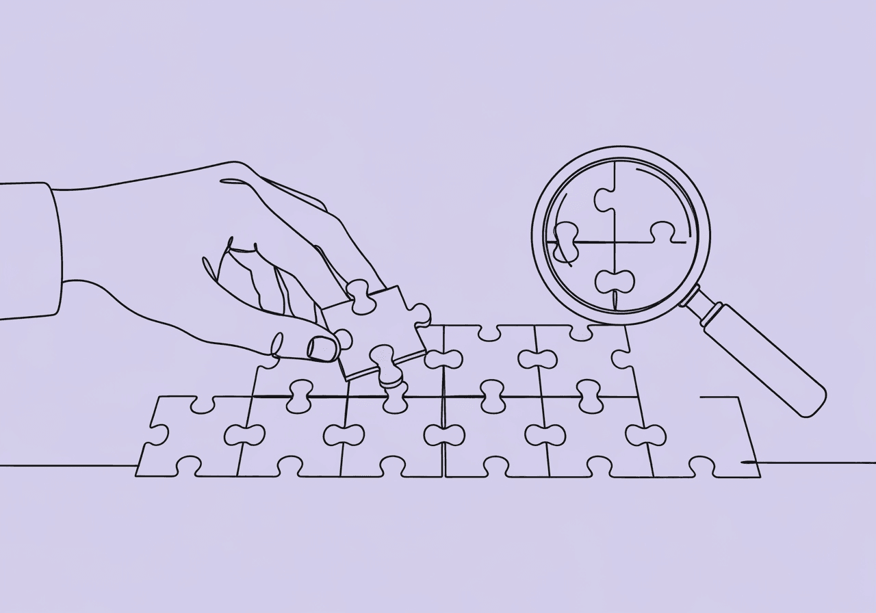 CPT 97155 Documentation Narrative: A BCBA Guide Minimalist line art showing a hand fitting a puzzle piece while a magnifying glass hovers nearby, symbolizing the CPT 97155 documentation narrative for justifying protocol modification time. Represents careful adjustment and data-driven decision-making.