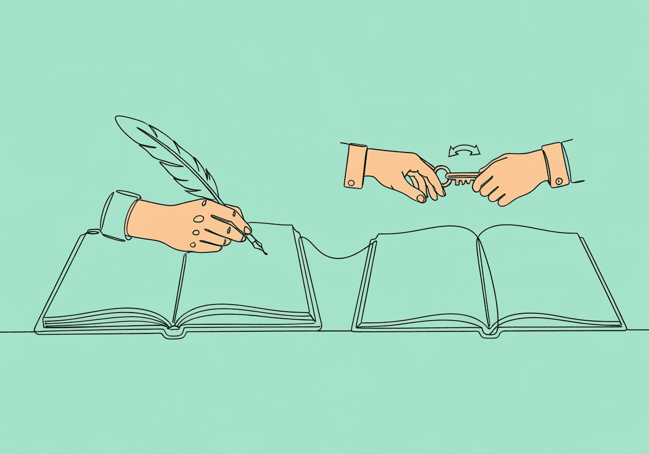 CPT 97155 vs 97156 Documentation: Key Differences for BCBAs Minimalist line art illustration on a pastel mint background: two open notebooks with hands, one writing to represent CPT 97155 documentation, the other handing over a key symbolizing CPT 97156 training, visualizing CPT 97155 vs 97156 documentation differences for BCBA compliance.