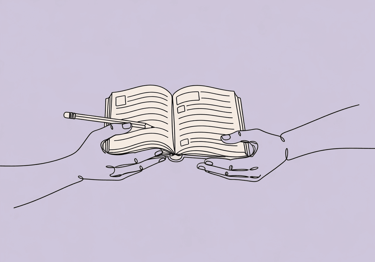 CPT 97155 vs 97156: BCBA Documentation Guide Minimalist line art illustration for CPT 97155 vs 97156 documentation shows two hands holding an open notebook, symbolizing the contrast between clinical documentation and caregiver training roles in ABA therapy provider notes.