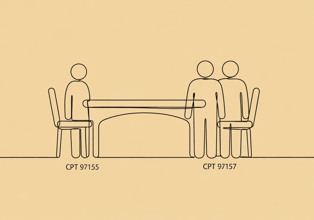 CPT 97155 vs 97157: Documentation Guide for BCBAs Minimalist line drawing of separate chairs at a curving table visually contrasts CPT 97155 vs CPT 97157 documentation, illustrating the difference between individual and group session requirements for BCBA compliance.