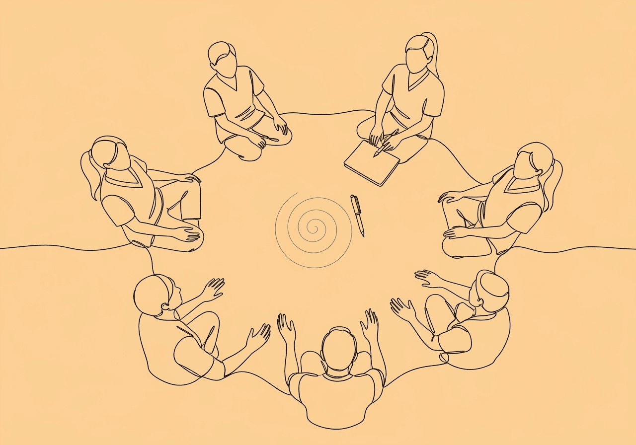 Master CPT 97157 Documentation & Billing for BCBAs Minimalist line art shows a circle of caregivers’ hands connected around a central notepad, visually representing CPT 97157 documentation guidance and collaborative parent group sessions in ABA therapy.