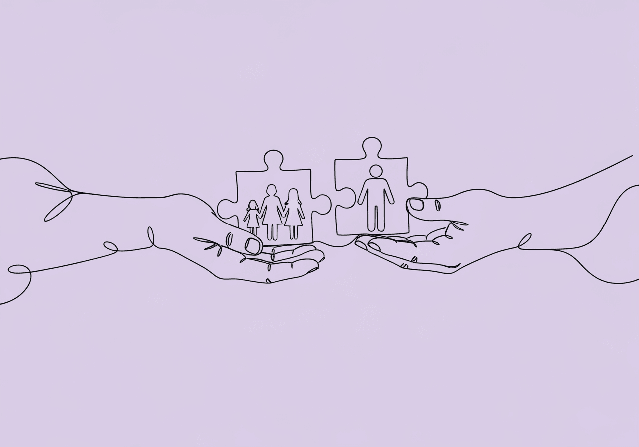 CPT 97157 vs 97158: Documentation Guide for BCBAs Minimalist line art depicting two hands holding puzzle pieces—a family and an individual—symbolizing CPT 97157 vs 97158 documentation, visually representing the group ABA services comparison and documentation differences in an accessible way.