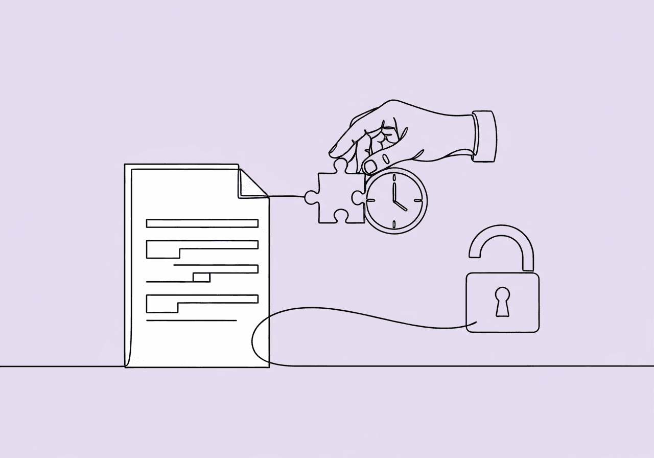 Master CPT Modifier 59 Documentation in ABA Minimalist line art showing a hand placing a puzzle piece onto a document, forming a lock and partial clock face—visually illustrating CPT Modifier 59 documentation ABA compliance and audit readiness.