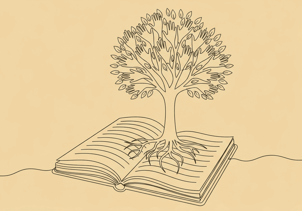 Documenting Cultural Considerations in ABA: BCBA Essentials Minimalist line art of an open notebook with a tree growing from its pages. The tree's roots connect to the book's lines, and its branches form interlinked hands, symbolizing documenting cultural considerations in ABA through growth, diversity, and connection.