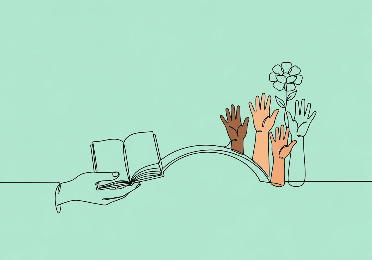 Cultural Responsiveness ABA Documentation: 2027 Guide Minimalist line art illustration of a hand holding an open notebook, transforming into a bridge with reaching hands and a blooming flower, representing cultural responsiveness in ABA documentation.