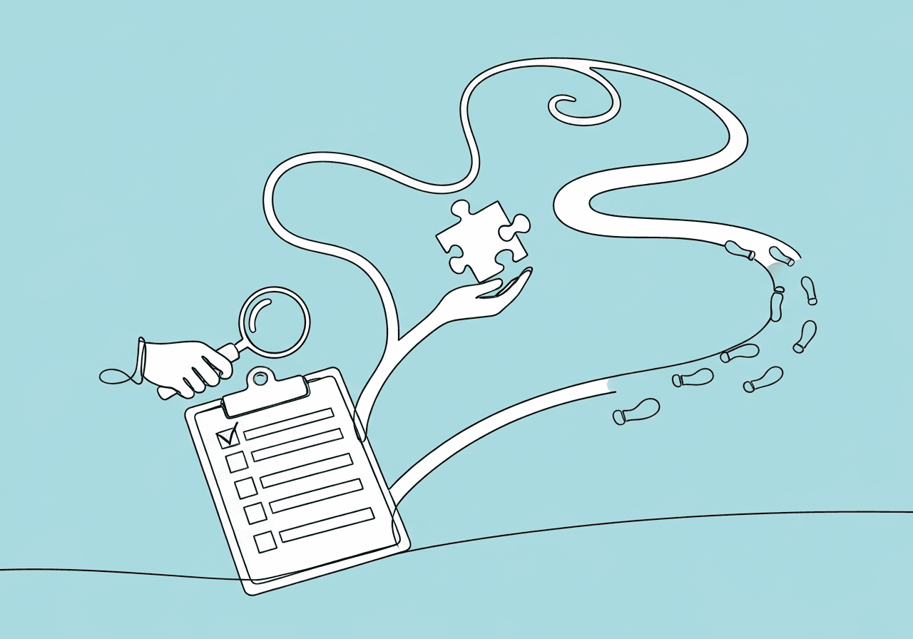 Create Custom Procedural Integrity Checklist ABA Minimalist line art illustration of a custom procedural integrity checklist for ABA, featuring a clipboard branching into a magnifying glass, puzzle piece, and a path with footprints, visualizing checklist creation, review, and ongoing refinement.