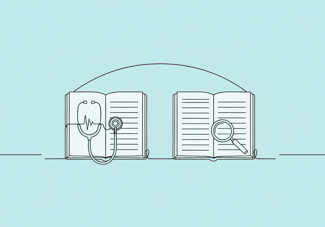 DAP vs BIRP Notes in ABA: Essential Comparison for BCBAs Minimalist line art illustration for DAP notes vs BIRP notes ABA features two open notebooks, one with a stethoscope and one with a magnifying glass, highlighting differences in clinical note formats.