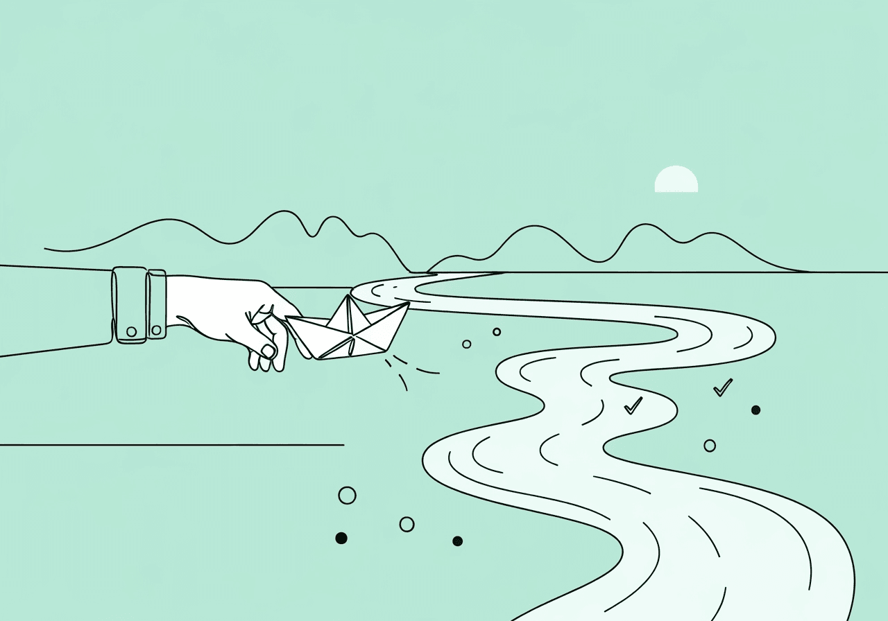 ABA Service Discontinuation Documentation: Data-Driven Guide Minimalist line art on pastel mint shows a hand releasing a paper boat on a river lined with data points, illustrating the ABA service discontinuation documentation process and the thoughtful transition described in the blog post.