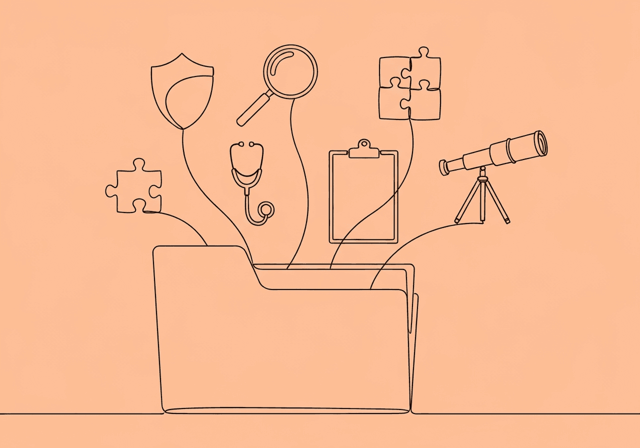 Descriptive FBA Justification: Ethical Guide for BCBAs Minimalist line art featuring a file folder branching into five symbolic objects, visually justifying descriptive FBA documentation through safety, data rigor, clinical rationale, hypothesis linking, and future planning.