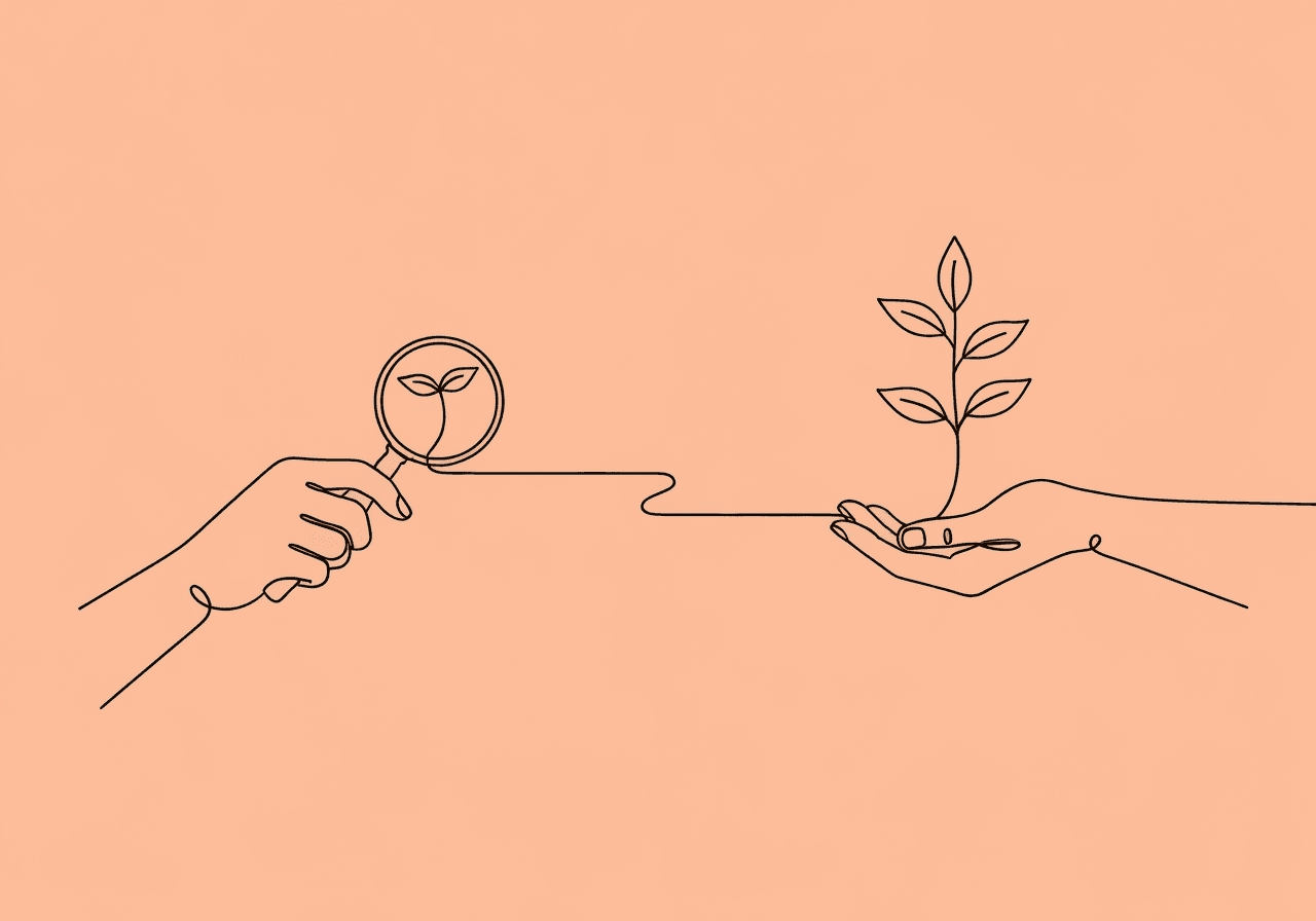 Direct vs. Indirect RBT Supervision Documentation Guide Minimalist line illustration depicting the concept of direct vs indirect RBT supervision documentation, with one hand closely inspecting a seedling and another supporting a mature plant, symbolizing differing supervision approaches featured in the blog.